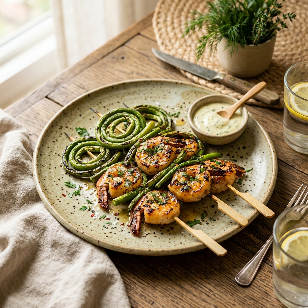 Grilled Garlic Scapes Shrimp Skewers